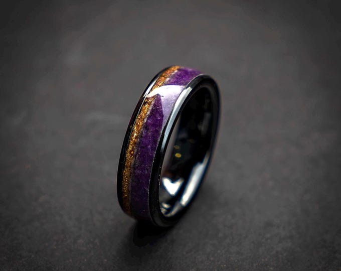 Black Ceramic Ring with Amethyst Inlay and Gold Foil | 6mm Faceted Band for Men/Women | Elegant & Durable Wedding or Anniversary Ring