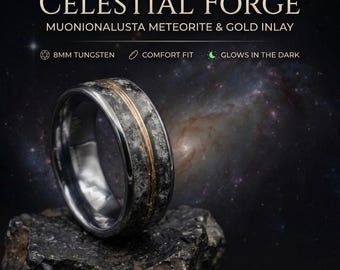 Muonionalusta Meteorite Glow Ring, 8mm Tungsten Wedding Band with Gold Inlay - Comfort fit
