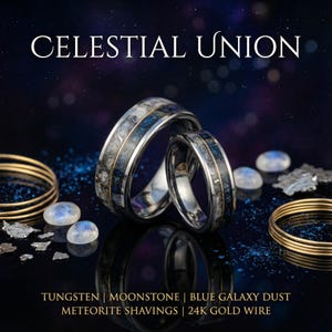 Moonstone mixed with Muonionalusta meteorite and Galaxy Opal divided by 18K goldwire, Moonstone Tungsten Ring, moon ring, Men's Wedding Band