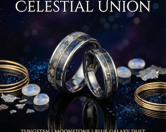 Moonstone mixed with Muonionalusta meteorite and Galaxy Opal divided by 18K goldwire, Moonstone Tungsten Ring, moon ring, Men's Wedding Band