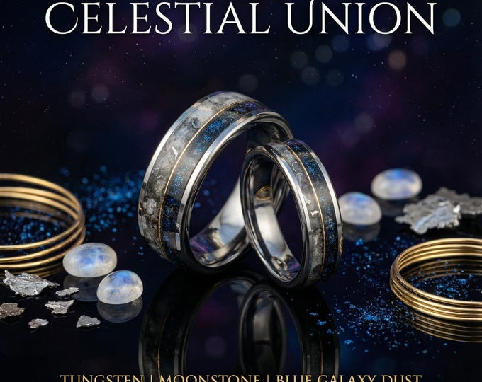 Moonstone mixed with Muonionalusta meteorite and Galaxy Opal divided by 18K goldwire, Moonstone Tungsten Ring, moon ring, Men's Wedding Band