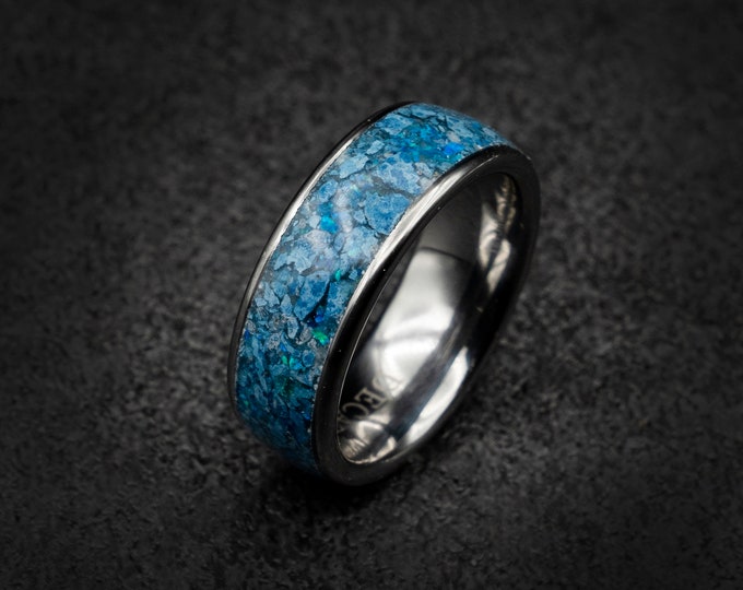 Plancheite ring, alternative engagement ring, earth stone ring, Healing crystal ring, healing crystals, blue gemstone ring, tungsten ring.