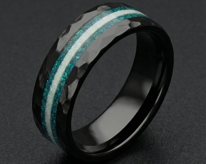 Glow in the Dark Galaxy Opal Ceramic Wedding Band for Men | Hammered Black Ring with Meteorite Inlay | Custom Sizes