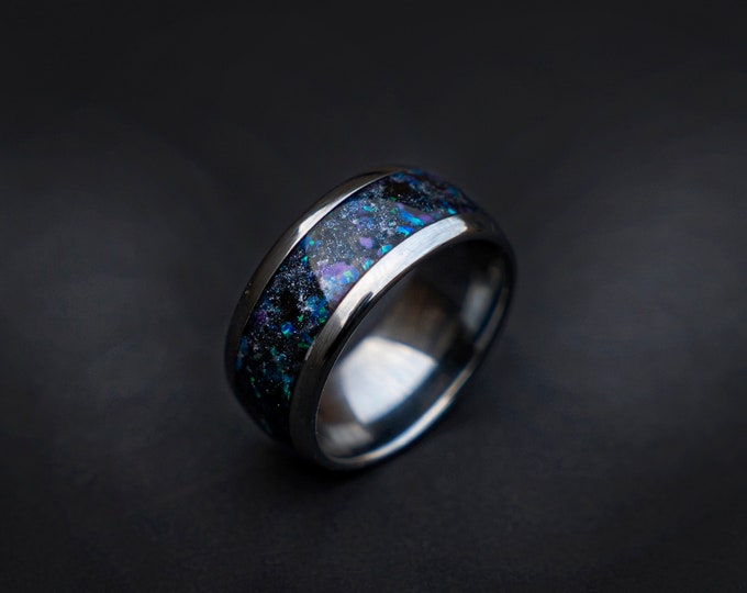 10mm Domed galaxy Nebula with opal and glow in the dark, handmade wedding band,  Mens wedding band, opal engagement ring, Chunky ring Decazi