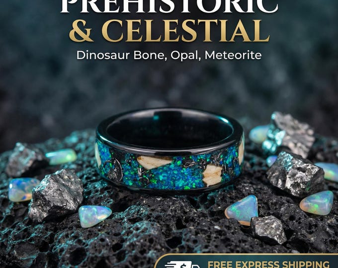 Black Ceramic Dinosaur Bone Fossil Mens Opal Ring, Unique Wedding Engagement Anniversary