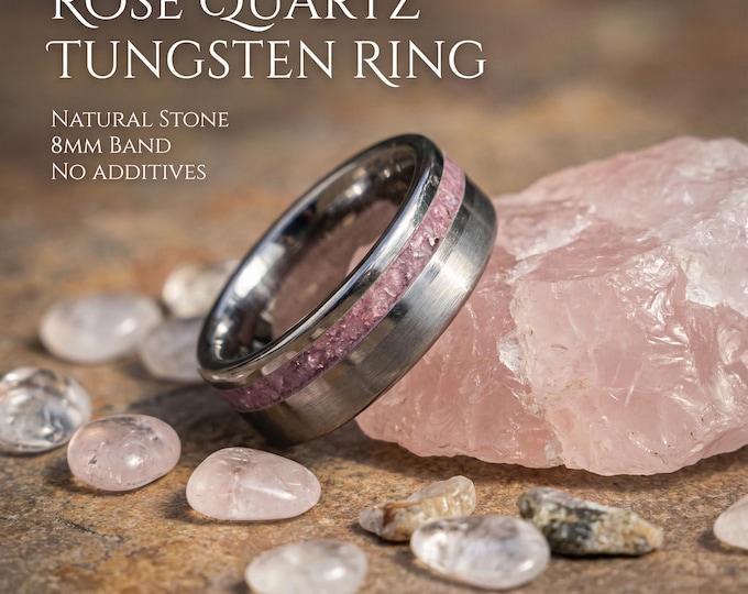 Silver Tungsten Rose Quartz Ring, Handmade Jewelry, Healing Crystal, Handcrafted Wedding Ring, Gemstone Ring, Rose Quartz Engagement Ring