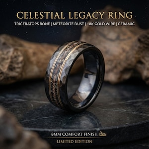 Bague en os de dinosaure météorite martelé à facettes noires en céramique, alliance pour homme, bague météorite pour homme, bijou fait main, alliance | Decazi