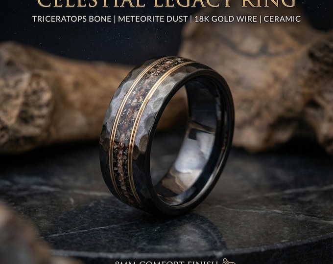 Black Faceted Hammered Ceramic Meteorite Dinosaur Bone Ring, Mens Wedding Band, Mens Meteorite Ring, Handmade Jewelry, Wedding Band | Decazi