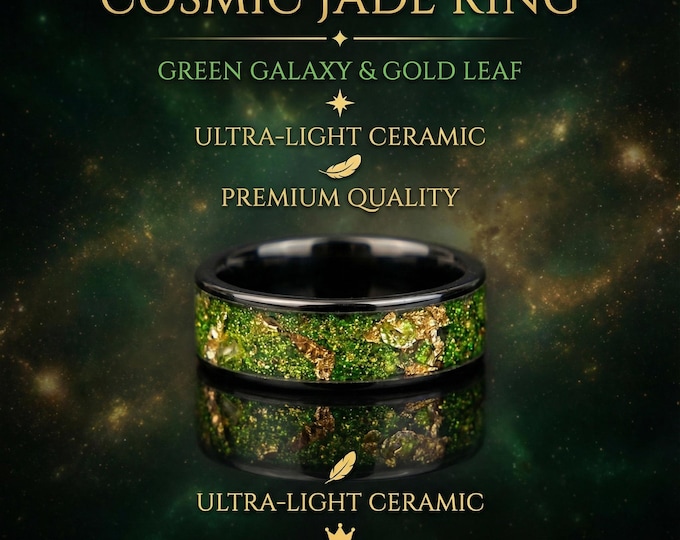 Black Green Gold Men's Ring, Green Glitter Ceramic Flat Ring with 18K Gold Leaf, Festive Holiday Jewelry Gift, Inspired Statement Ring
