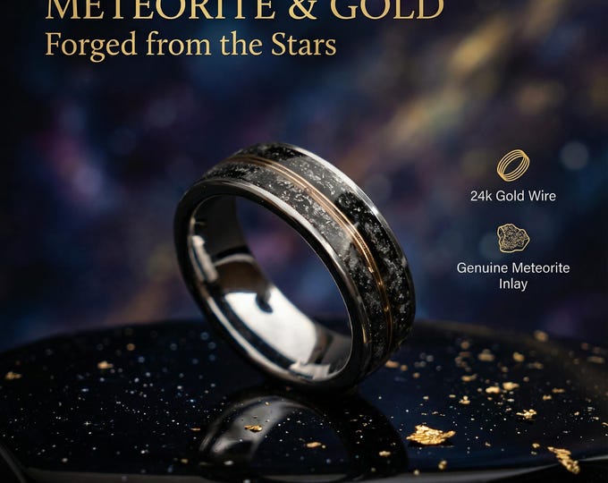 Glow‑in‑the‑Dark Meteorite Ring with Opal Inlay | Handmade Tungsten Wedding Band for Men | Unique Glow Ring