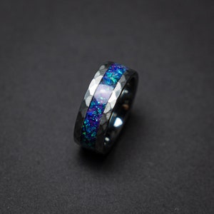 mens opal ring. Galaxy opal. Tungsten ring for men. meteorite opal ring. Hammered. wedding band men. ring with opal inlay 8mm ring image 3