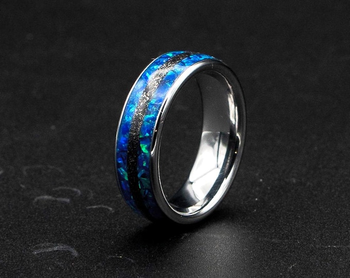 Blue Opal & Meteorite Dust Tungsten Ring | Silver Wedding Band | Comfort Fit | Engravable