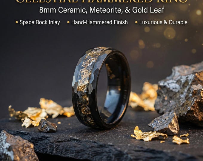 Goldleaf meteorite ring, mens wedding band, faceted goldleaf ring, Mens meteorite ring, black ceramic, valentines day, gift for him, unique.