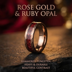 Hammered Rose Gold Tungsten Ring Ruby Wedding Band, Engagement Ring, Rose Gold Ring, Ruby Ring, Handmade Jewelry, Wedding Ring | Decazi