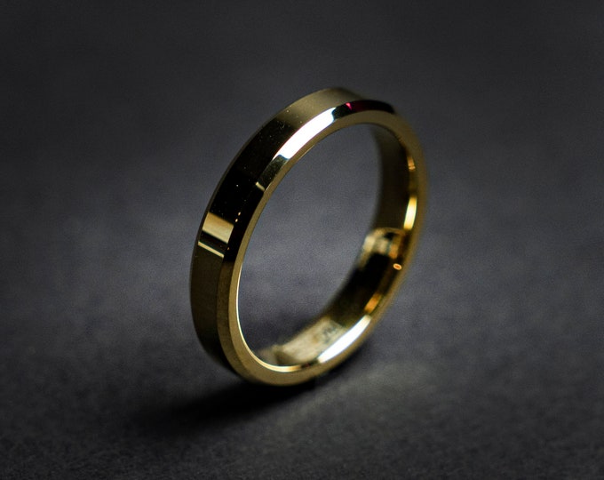 Tungsten Ring Gold with Beveled Edges and Comfort fit band, 5mm, Thin, simple, Mens Ring, cheap, sale, Mens Wedding Band | Decazi