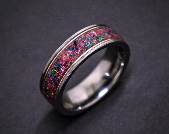 Silver Tungsten Wedding Band 8mm – Nebula Galaxy Inlay + Black Opal (Green Fire) – 18K Gold Wire – Comfort Fit Ring