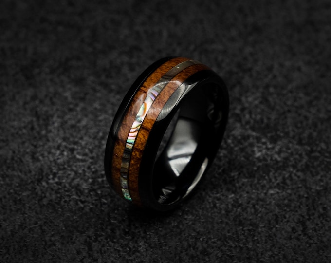 mens wood ring, Koa wood, Black ceramic ring, Abalone shell, mens wedding band, ceramic ring, male engagement ring, decazi mens, ring men.