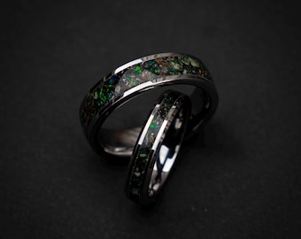 Triceratops Dinosaur Fossil Tungsten Ring Set with Dark Green Opal, Muonionalusta Meteorite & Glow Stones, Sizes 4-13, Unique Wedding Bands