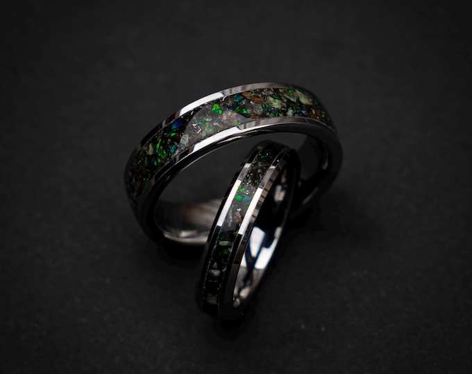 Triceratops Dinosaur Fossil Tungsten Ring Set with Dark Green Opal, Muonionalusta Meteorite & Glow Stones, Sizes 4-13, Unique Wedding Bands