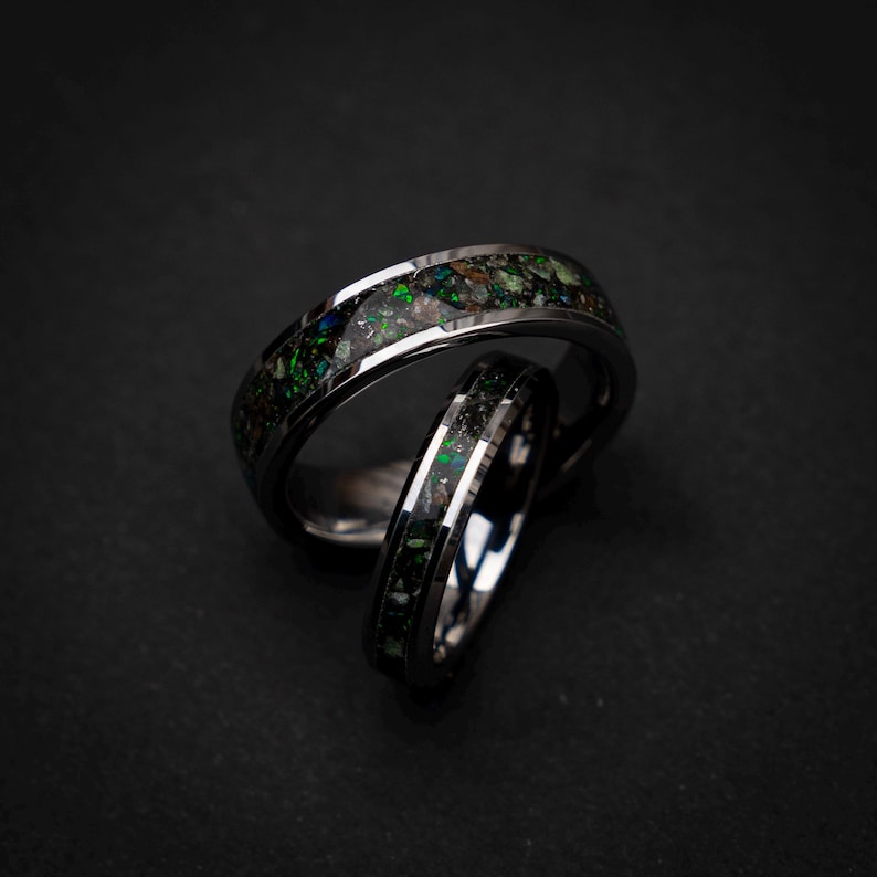 dinosaur fossil ring set, tungsten wedding band set, dark green opal ring, meteorite wedding band, glow inlay ring, unique couples ring set, engraved wedding rings, fossil gemstone ring, cosmic wedding band