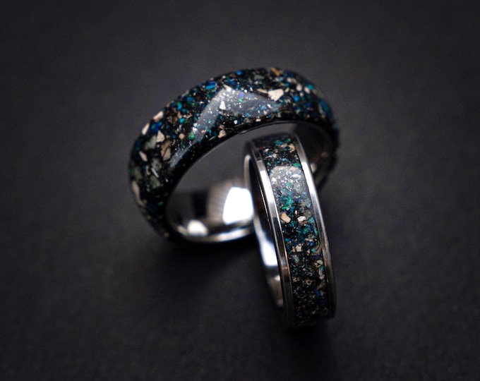 Spinosaurus Fossil Ring Set | Blue Galaxy Opal + Muonionalusta Meteorite Dust | Glow | Matching 8mm + 6mm Tungsten