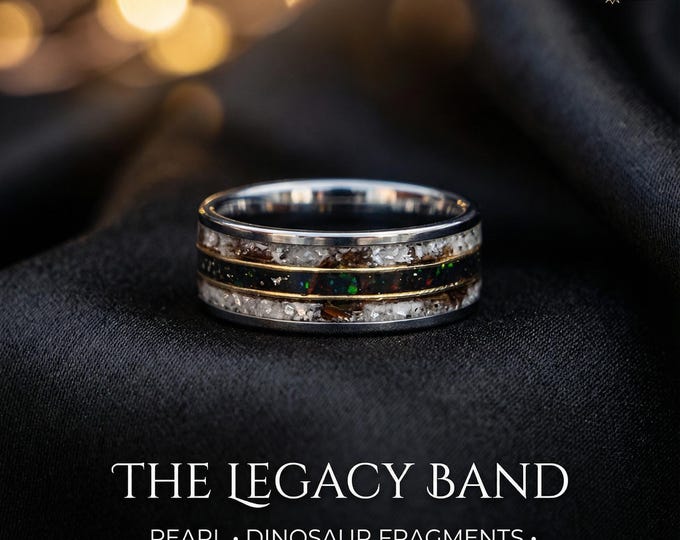 Fosilized Bone Meteorite Ring, Dinosaur Bone Ring, Handmade Fossil Jewelry, Mens Wedding Band Unique, Mens Pearl Band, Black Opal Ring