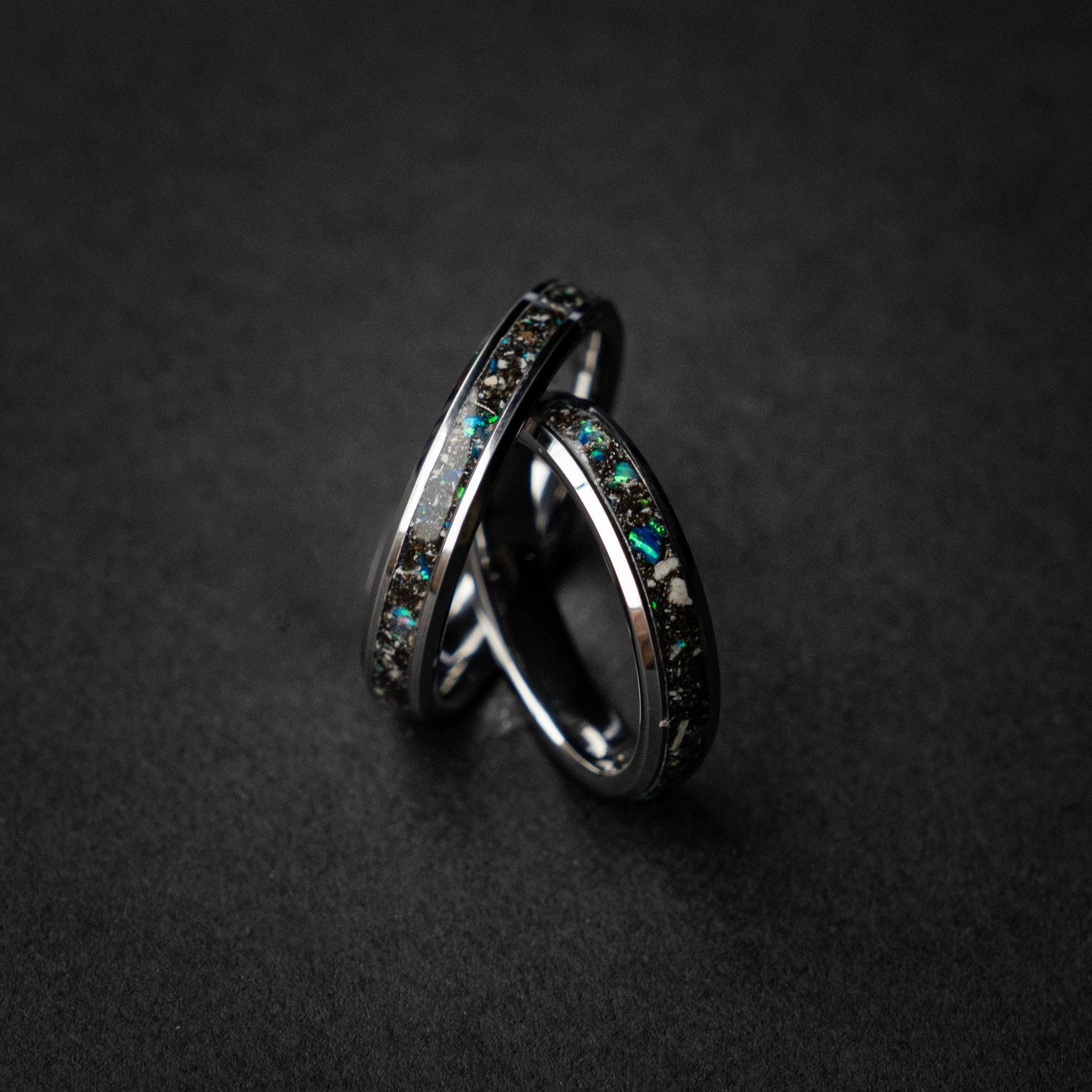 Spinosaurus wedding ring set with Blue galaxy opal and meteorite dust, Best friend rings, his and hers couples ring | Decazithumbnail