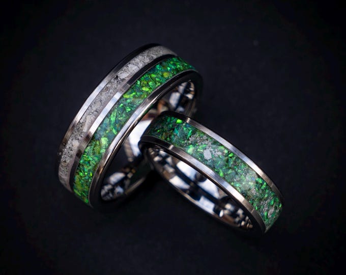 Custom Silver Tungsten Cremation Ring Set with Green Opal & Ashes Inlay – Memorial Jewelry for Couples, Multiple Width Options | Decazi |