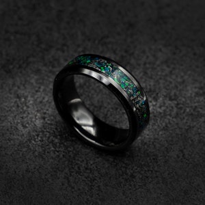 Green Opal Crystal Inlay Ring, Superhero Inspired Infinity Ring, Mens Chunky Ring, Wide Wedding Band for Men, Meteorite Lunar Jewelry