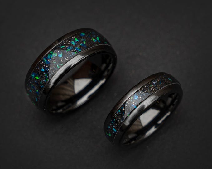 Stunning 6-8mm Black Ceramic Ring Set with Galaxy Opal & Meteorite Inlay | Decazi