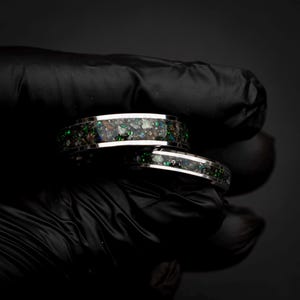 dinosaur fossil ring set, tungsten wedding band set, dark green opal ring, meteorite wedding band, glow inlay ring, unique couples ring set, engraved wedding rings, fossil gemstone ring, cosmic wedding band