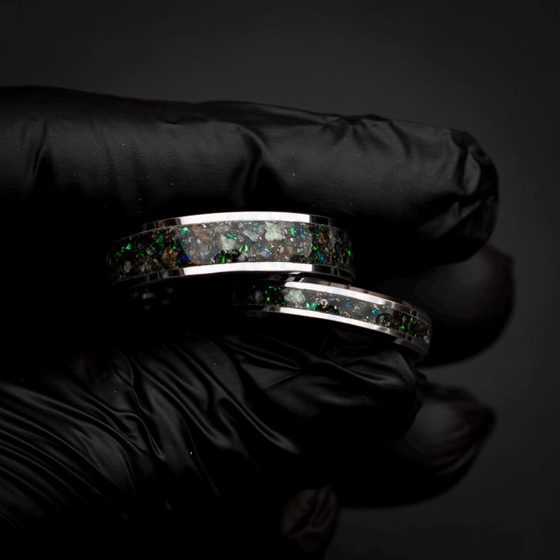dinosaur fossil ring set, tungsten wedding band set, dark green opal ring, meteorite wedding band, glow inlay ring, unique couples ring set, engraved wedding rings, fossil gemstone ring, cosmic wedding band