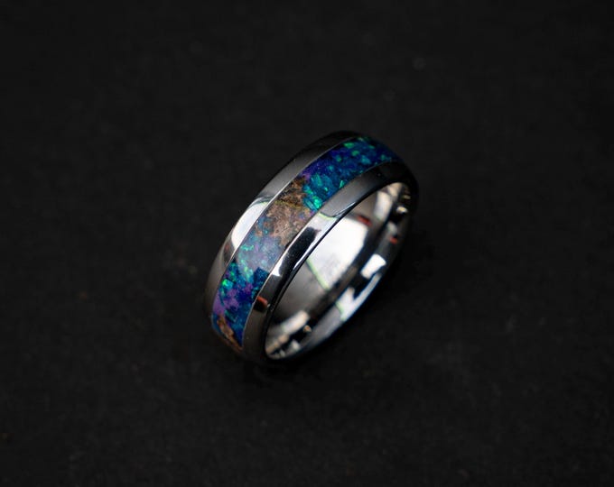 8mm Tungsten Domed Ring with Purple & Blue Opal and Dinosaur Bone Inlay • Galaxy-Inspired Wedding Band • Cosmic Men’s or Women’s Ring Decazi