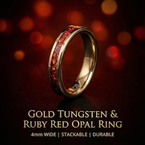 Tungsten 4mm Rose Gold Ring, Ruby Red opal Wedding Band, Womens Ring, Womens Wedding Band | Decazi