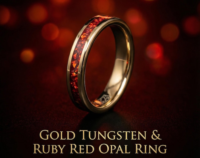 Tungsten 4mm Rose Gold Ring, Ruby Red opal Wedding Band, Womens Ring, Womens Wedding Band | Decazi