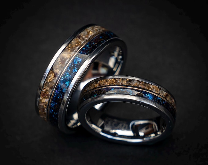 Silver Tungsten Galaxy Opal and Moonstone Ring with 18K Gold Wire | Dinosaur Bone & Gold Leaf Inlay | Unique Wedding Band or Ring Set