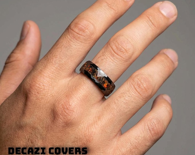 Velociraptor Dinosaur Bone and Mexican Fire Opal Ring – Mens Ceramic Hammered Band with Real Fossil & Meteorite Inlay, Unique WeddingBand