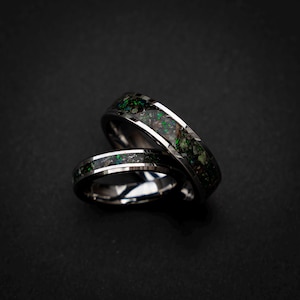 dinosaur fossil ring set, tungsten wedding band set, dark green opal ring, meteorite wedding band, glow inlay ring, unique couples ring set, engraved wedding rings, fossil gemstone ring, cosmic wedding band