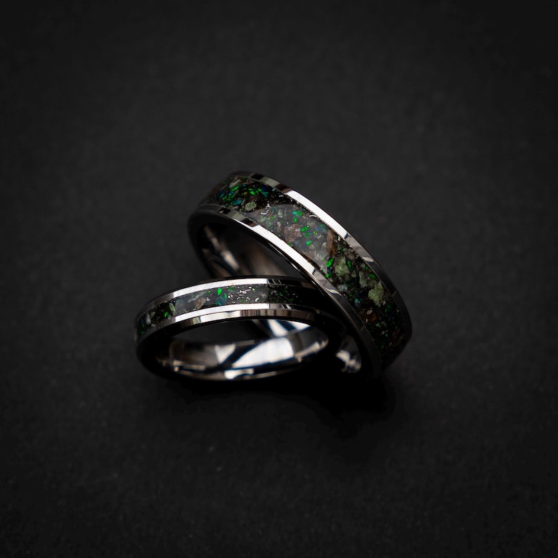 dinosaur fossil ring set, tungsten wedding band set, dark green opal ring, meteorite wedding band, glow inlay ring, unique couples ring set, engraved wedding rings, fossil gemstone ring, cosmic wedding band