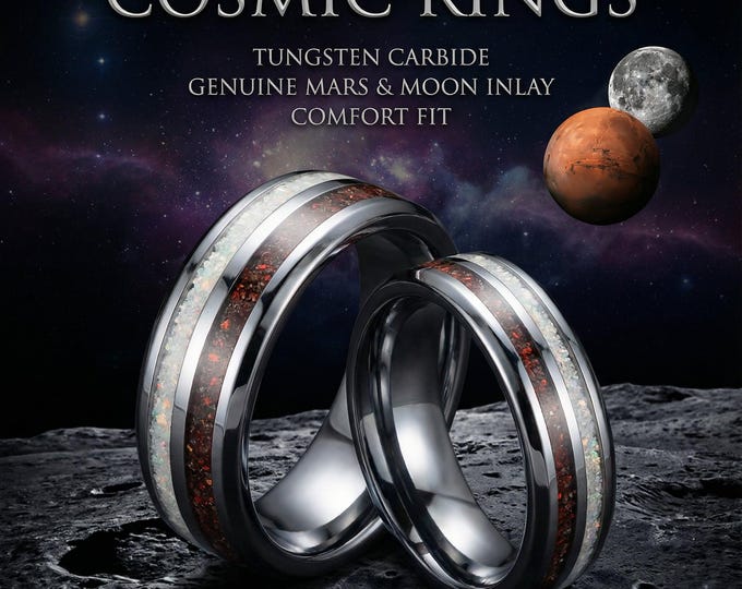 Wedding ring set with Mars and dinosaurbone | Mars meteorite ring with Red opal | White opal with spinosaurus fossil | Gift for him.