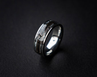 Gibeon Meteorite & Megalodon Fossil Tungsten Wedding Band 8mm – Glow Inlay – 18K Gold Wire – Comfort Fit Men’s Ring