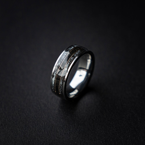 Alliance homme en tungstène 8 mm, incrustation phosphorescente, fil d'or 18 carats, ornée d'une météorite de Gibeon et d'un fossile de mégalodon – confort optimal