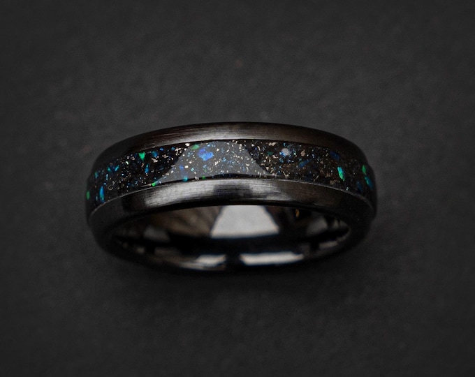 Galactic Elegance Stellar Style: 6mm Black Domed Ring Featuring Galaxy Opal and Meteorite | Decazi