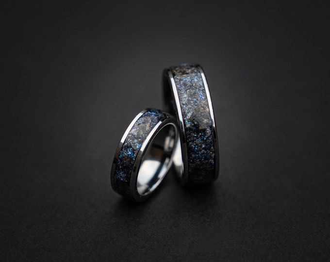 Custom wedding ring set, Moonstone, genuine moon meteorite fragments, Real meteorite ring set, Moonstone Tungsten Ring, moon ring, Unique.