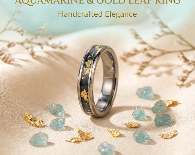 4mm Dainty Women's Tungsten Carbide Ring with Aquamarine & Gold Leaf Inlay