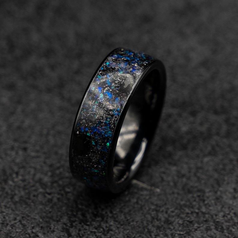 purple opal. mens wedding band triceratops ring meteorite ring men jewelry dinosaur bone ring engagement black ceramic ring
