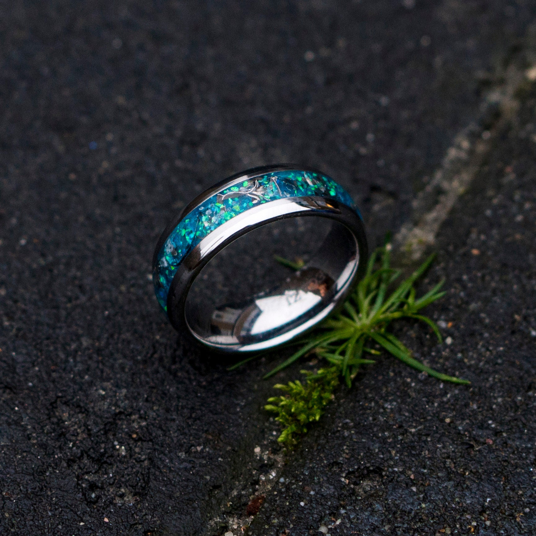 Domed tungsten ring. mens opal ring. Tungsten ring for men. meteorite