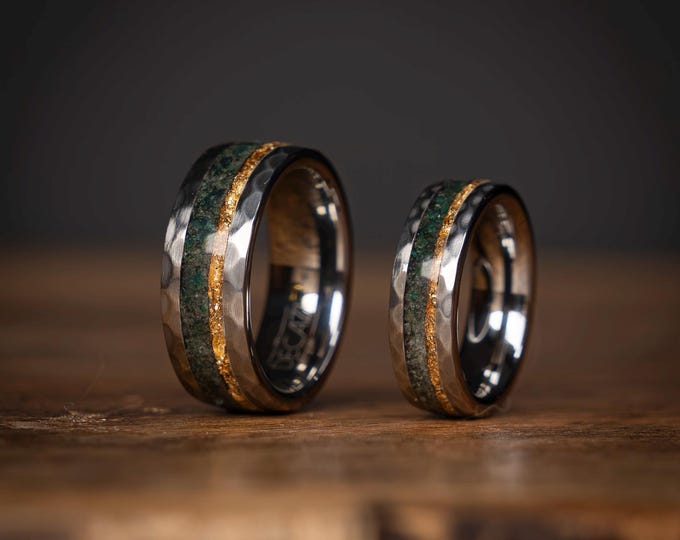 Matching Moss Agate Ring Set | Faceted Silver Tungsten Bands with Gold Foil | 8mm & 6mm Wedding or Anniversary Rings | Decazi |