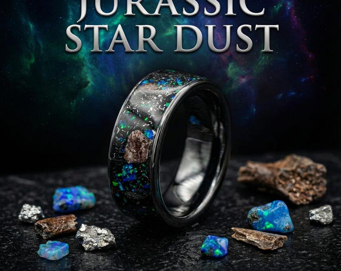 mens opal ring, dinosaur bone, triceratops, fossil, jewelry, meteorite ring men, engagement, wedding band, black ceramic ring, blue opal.
