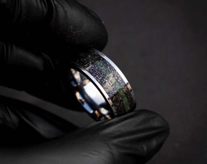 Handmade 8mm Silver Tungsten Ring with Muonionalusta Meteorite & Moss Agate Inlay, Unique Wedding Band, Sizes 5-13